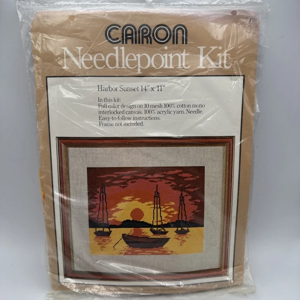 Caron Needlepoint Kit Harbor Sunset Boats Vtg 70s 4590 Nautical Coastal‎ Beach